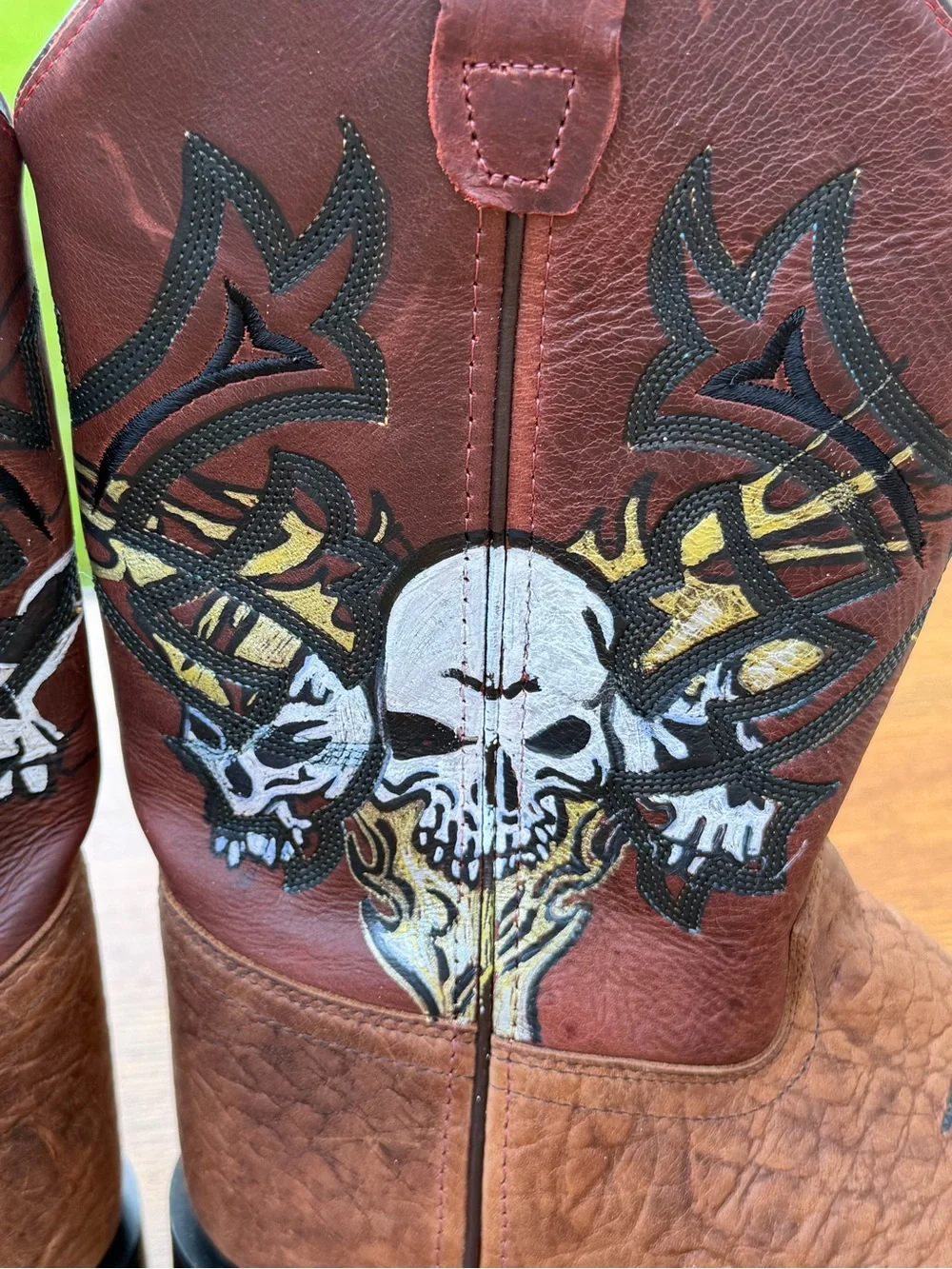 Old West Men’s 6D Brown Leather Cowboy Boots Skull Graphic Square Toe Handmade